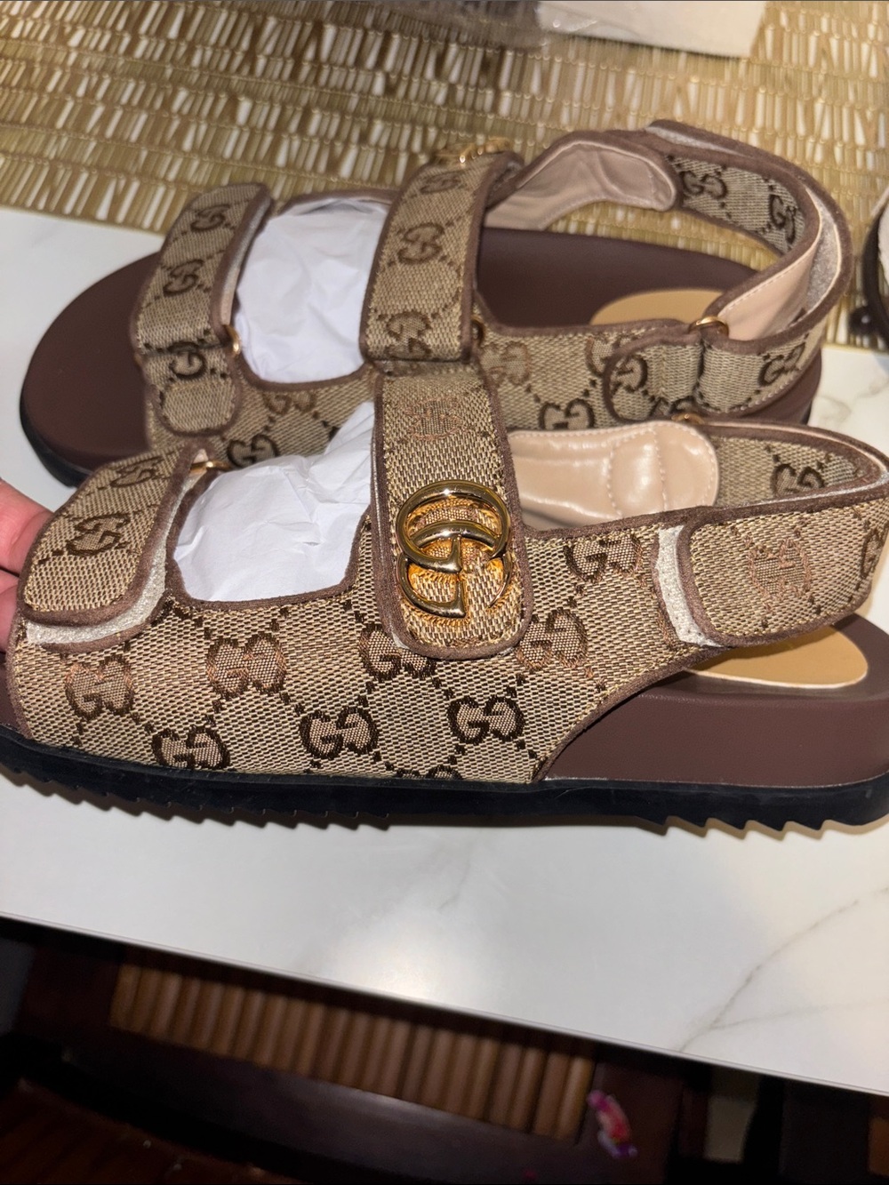 Gucci Beige Brown GG Canvas Logo Strap Sandals with Gold Hardware - Picture 5 of 6